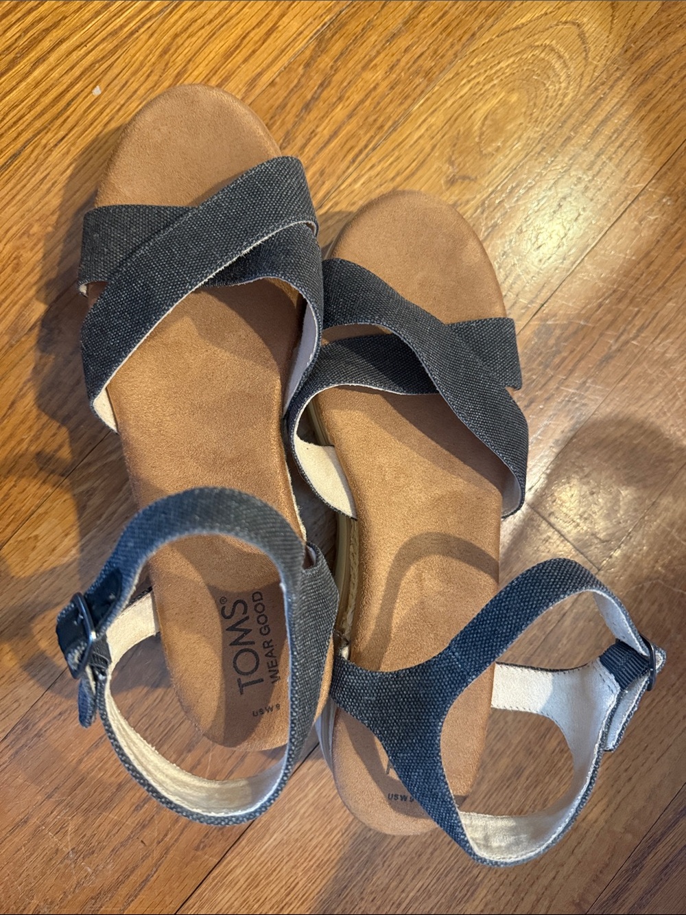 TOMS Denim Canvas Cross-Strap Sandals with Tan Footbed